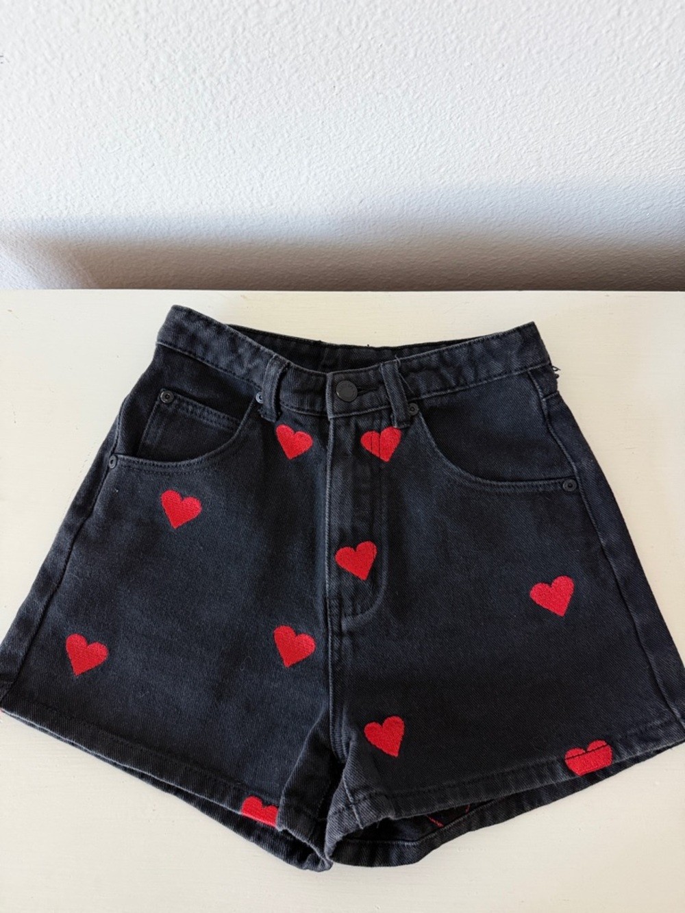 Lazy Oaf Black Denim Shorts with Red Heart Details